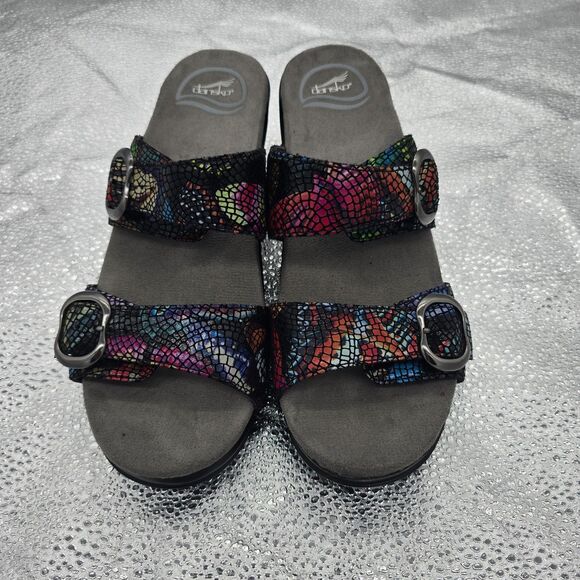 Dansko Sophie Slide Wedge Snakeskin Mosaic Rainbow Sandal Size 38 Adjustable - Picture 4 of 8